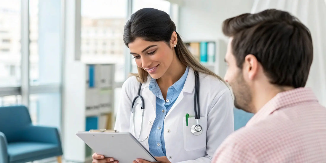 A qualified physician discusses safe peptide therapy options with a patient in a modern clinic, emphasizing the importance of medically supervised peptide therapy near me.