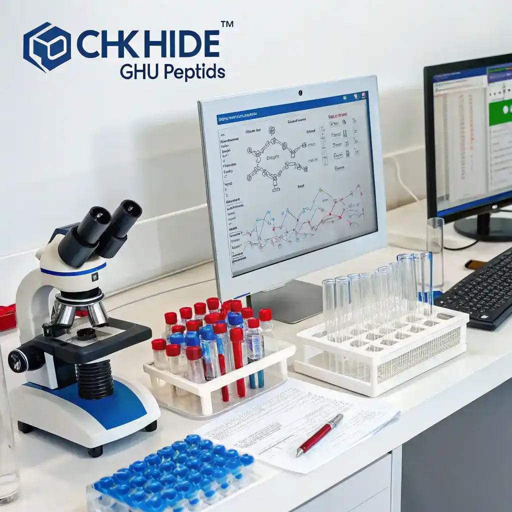 Molecular structure of GHK-Cu peptide showing Glycine-Histidine-Lysine binding to Copper ion.