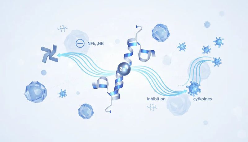Molecular diagram: Zinc-bound peptide inhibits NF-kB activation (NFk₁NB), reducing inflammatory cytokine production
