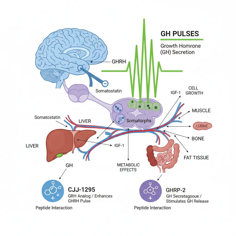 Growth hormone (GH) axis diagram: brain to pituitary to liver, affecting muscle, bone, fat. Shows peptide regulators like GHRP-2, CJJ-1295.