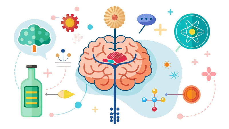 Abstract illustration of a brain, surrounded by icons representing natural sources, scientific compounds, and a product bottle, symbolizing peptide benefits.
