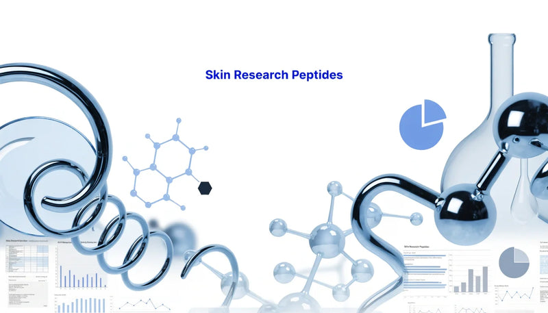 Scientific research graphic showing 3D molecular structures, lab glassware, and data charts with the text Skin Research Peptides.