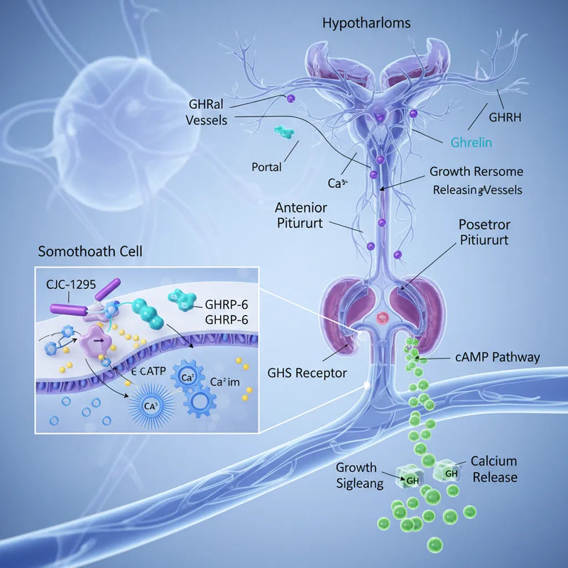 Diagram illustrating growth hormone release pathway: Hypothalamus stimulates somatotroph cells via GHRH, CJC-1295, GHRP-6.