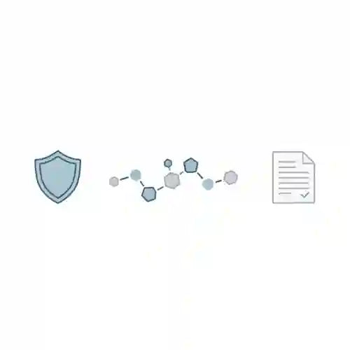Minimal line-art peptide chain with a safety shield and compliance document on a white background, representing peptide safety and regulatory awareness.