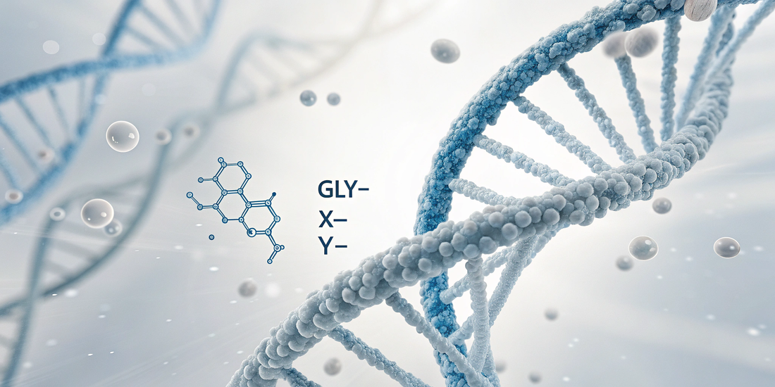 Scientific diagram of collagen triple helix being enzymatically hydrolyzed into low-molecular-weight collagen peptides for in vitro research.