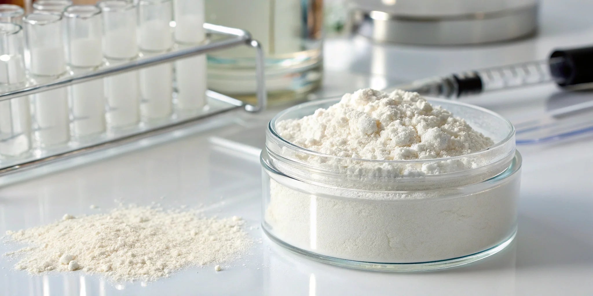 Collagen peptides powder in research-grade laboratory container for in-vitro studies