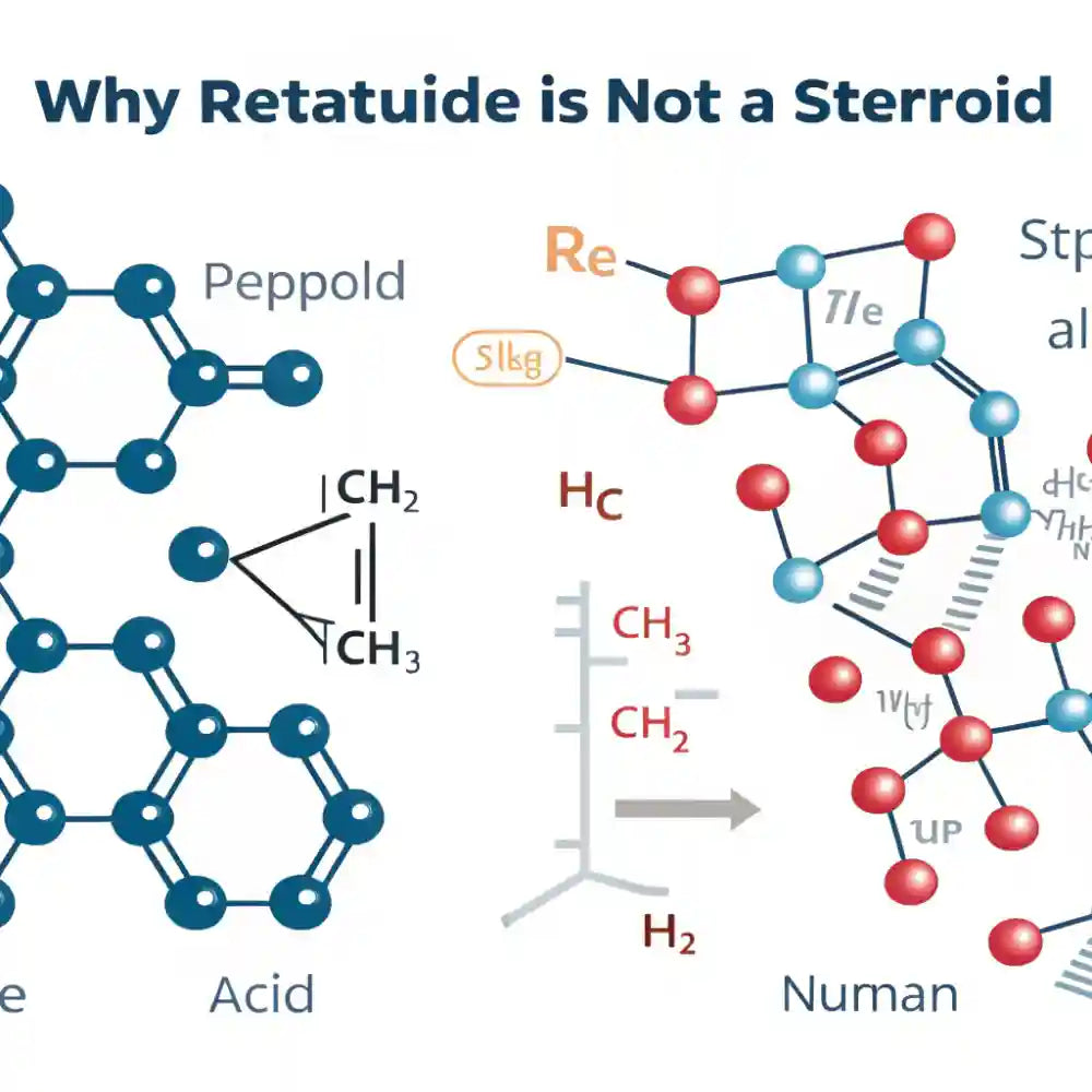 Diagram showing the difference between retatrutide peptide structure and steroid hormone ring structure for research education.