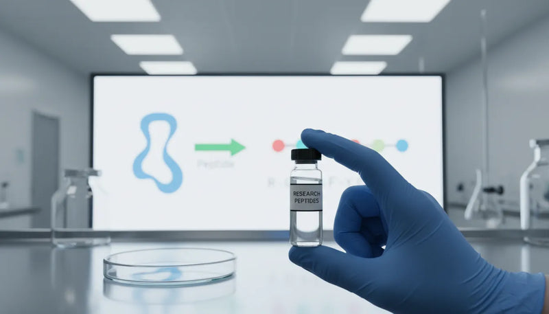 Research-grade peptide vial in a sterile lab beside a receptor-binding and signaling diagram illustrating how peptides work.