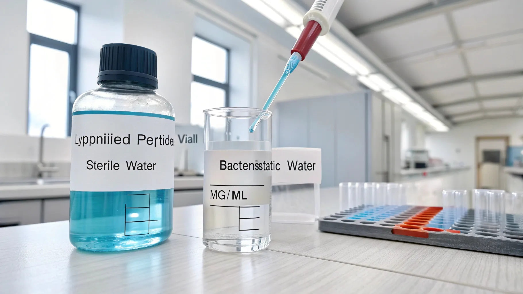 Lab setup showing how to reconstitute peptides using a micropipette, with lyophilized peptide vial, sterile diluent, and labeled aliquot tubes