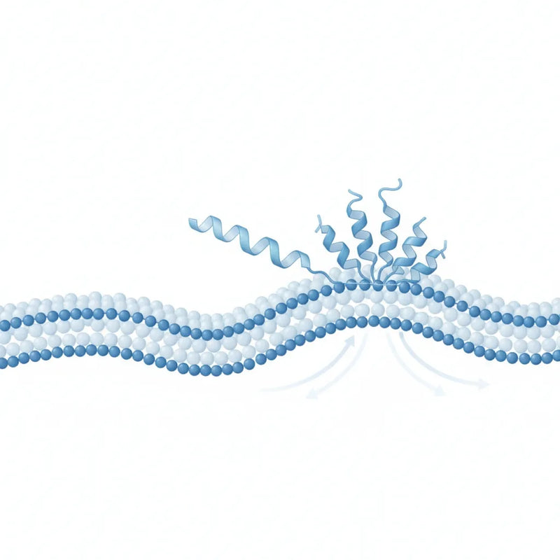 Blue helical peptides interacting with and penetrating a layered skin matrix.