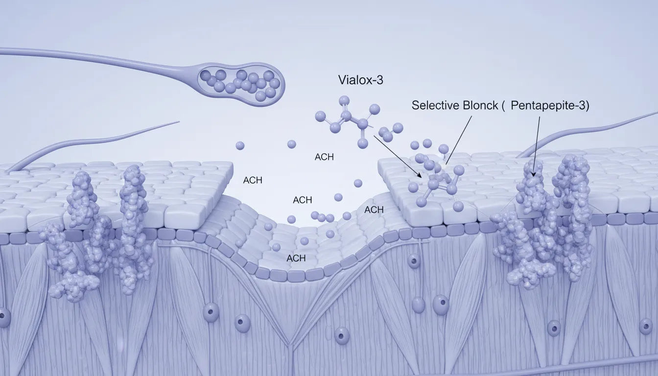 Red peptide spheres applied to skin, interacting with blue receptor-like structures in the dermal layer.