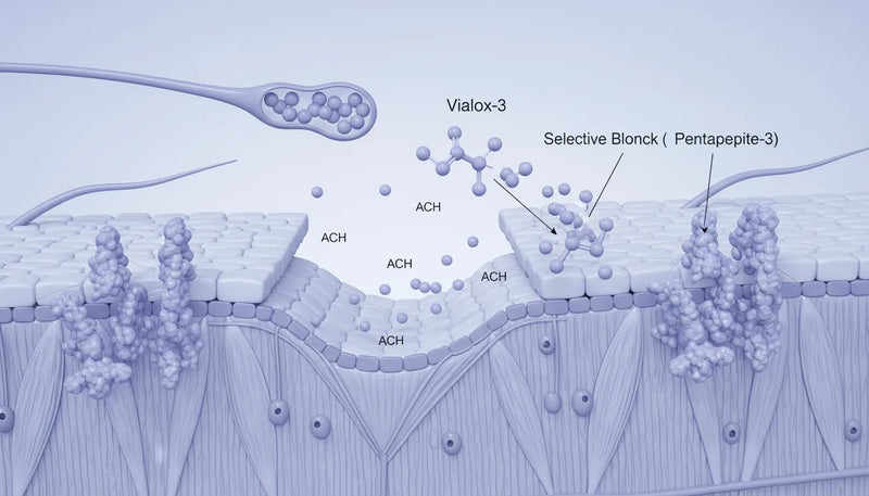 Red peptide spheres applied to skin, interacting with blue receptor-like structures in the dermal layer.