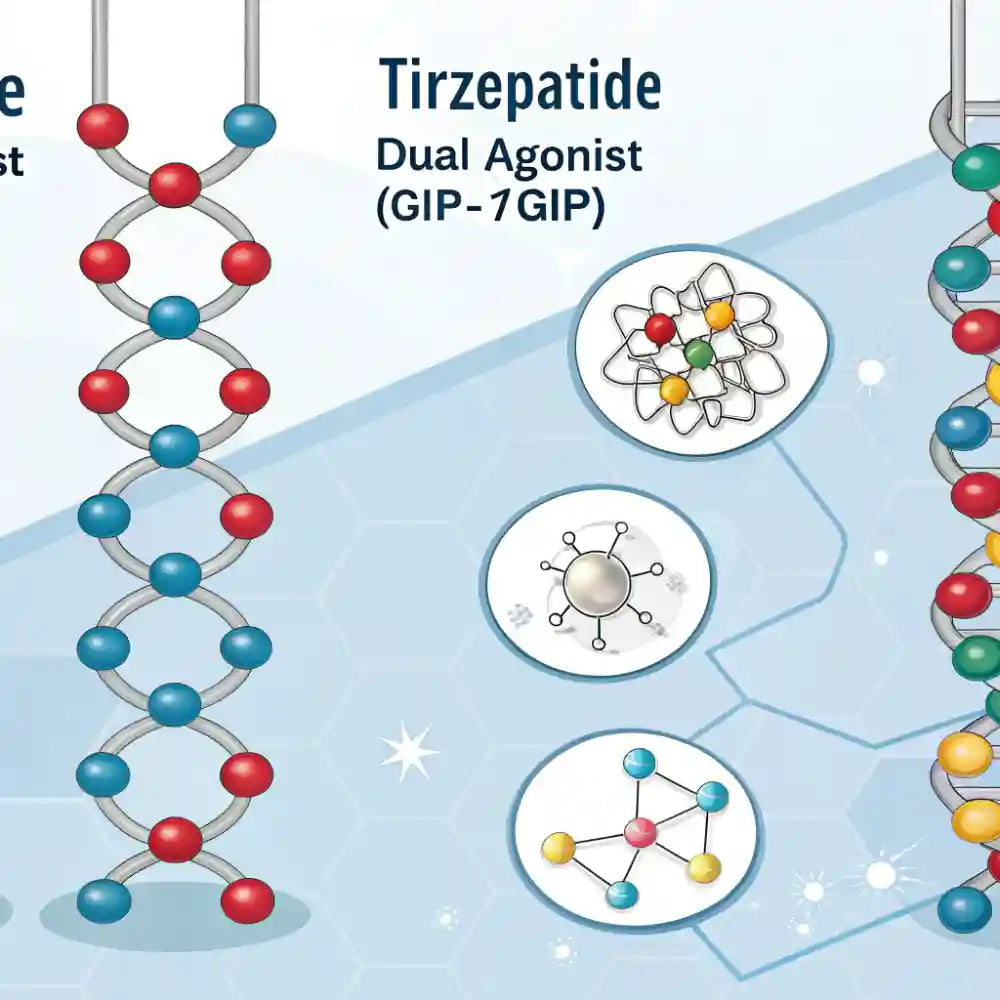 Scientific comparison illustration of retatrutide vs tirzepatide peptides showing triple agonist and dual agonist receptor activity for metabolic research.