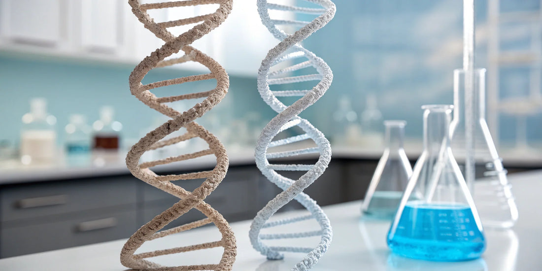 collagen triple helix with flexible hydrolyzed collagen peptides (3–6 kDa) in a clean laboratory setting.