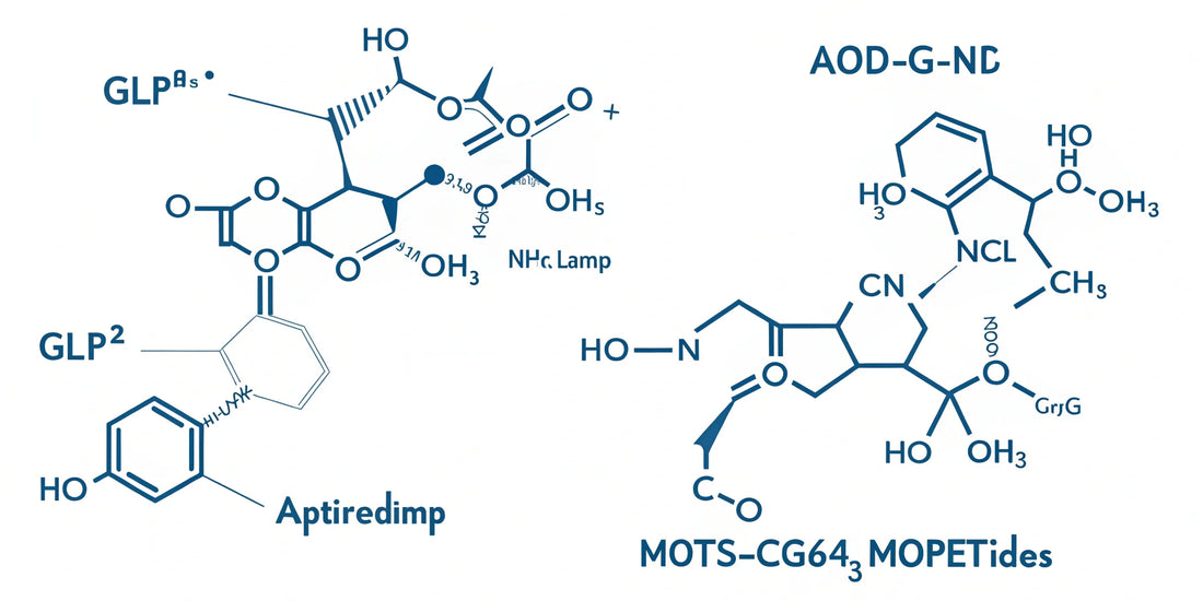 Scientific diagram showing GLP-1 biased agonism, AOD-9604 lipolysis pathways, and MOTS-c AMPK activation in metabolic research models.