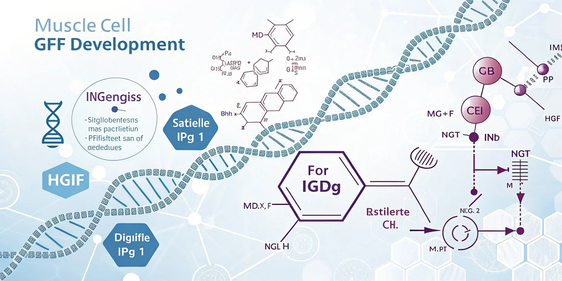 Abstract scientific illustration showing muscle cell development and myogenesis pathways, including IGF-1 signaling and satellite cell activation.
