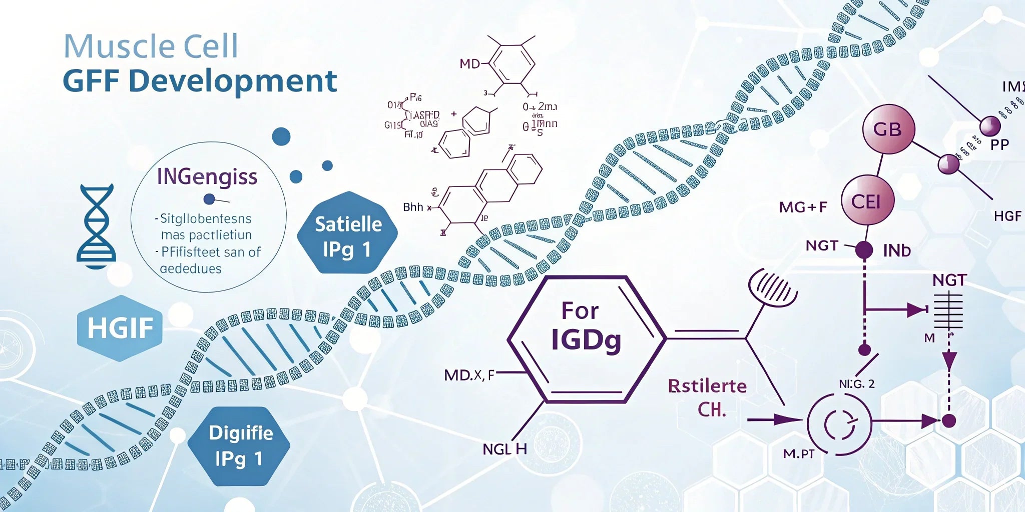 Abstract scientific illustration showing muscle cell development and myogenesis pathways, including IGF-1 signaling and satellite cell activation.