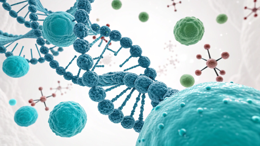 Illustration showing different types of peptides interacting with cells, representing their roles in hormone signaling, immune function, and modern peptide therapy.