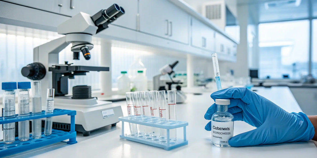 A close-up shot of a scientist's gloved hand carefully handling a vial of research-grade peptides in a sterile laboratory, symbolizing precision in scientific study.