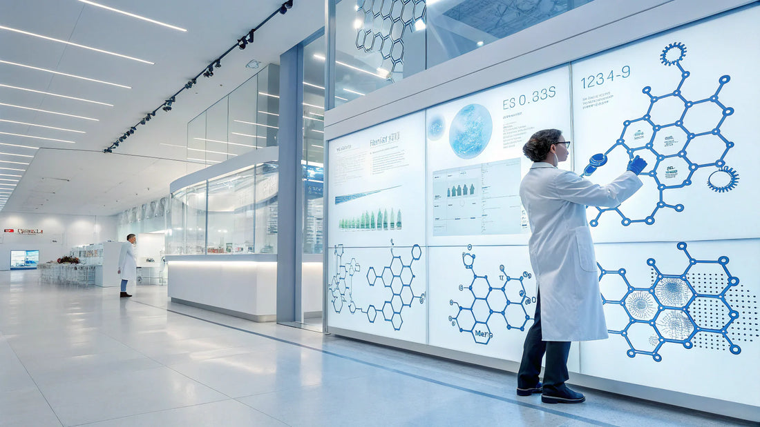 Researcher analyzing peptide molecular structures in a laboratory setting with abstract visuals of cells and mitochondria to represent cellular homeostasis.