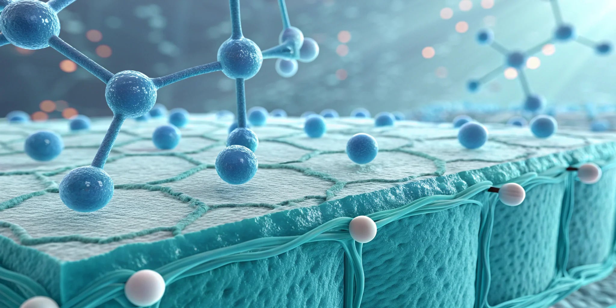 Microscopic illustration of research peptides interacting with skin layers in a dermatological model