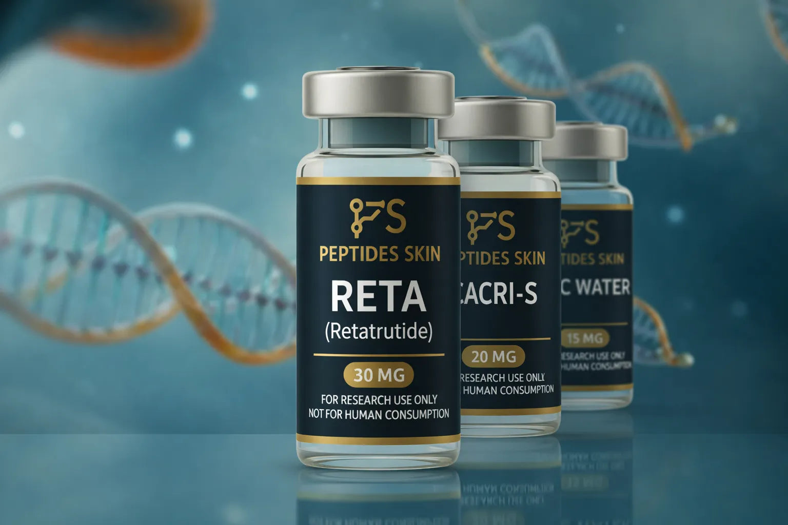 Three Peptides Skin vials: RETA (Retatrutide) 30 MG, another peptide, and bacteriostatic water