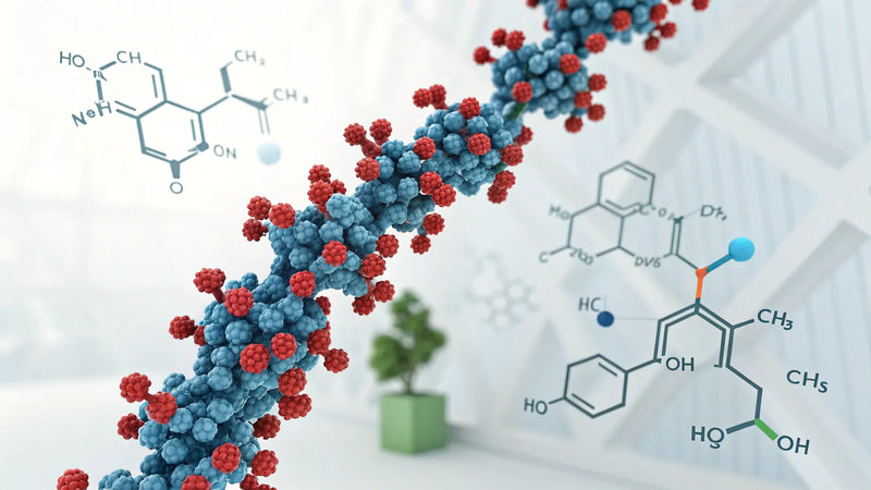 Molecular strand with red particles and chemical structures, relevant to peptide science.