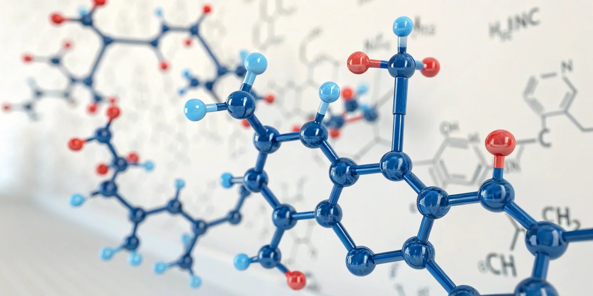 3D scientific illustration of the Tesamorelin peptide highlighting its trans-3-hexenoic acid modification in biochemical research.