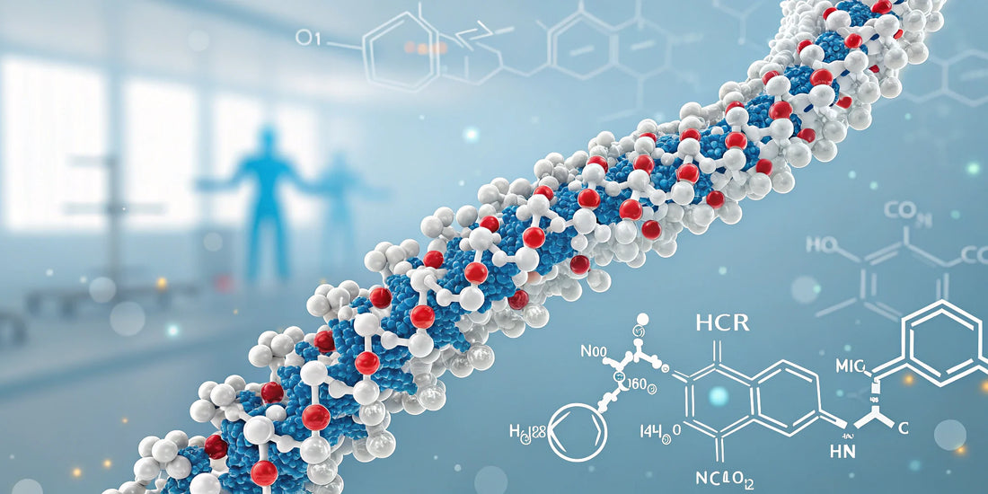 High-end biotechnology laboratory bench with peptide standard vials and a digital 3D peptide structure diagram on a screen.