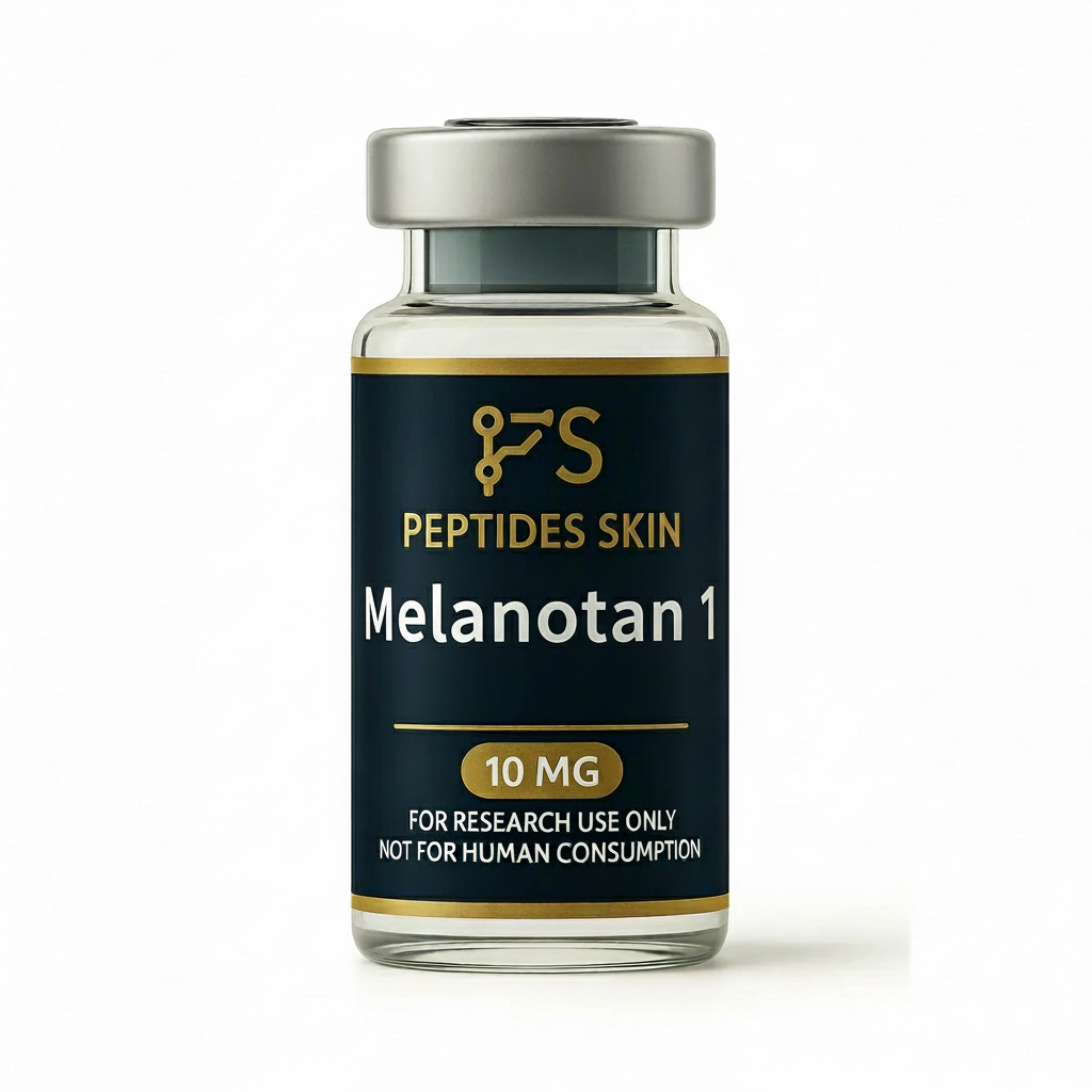 Vial labeled 'Melanotan 1' with 'Peptides Skin' branding on a white background