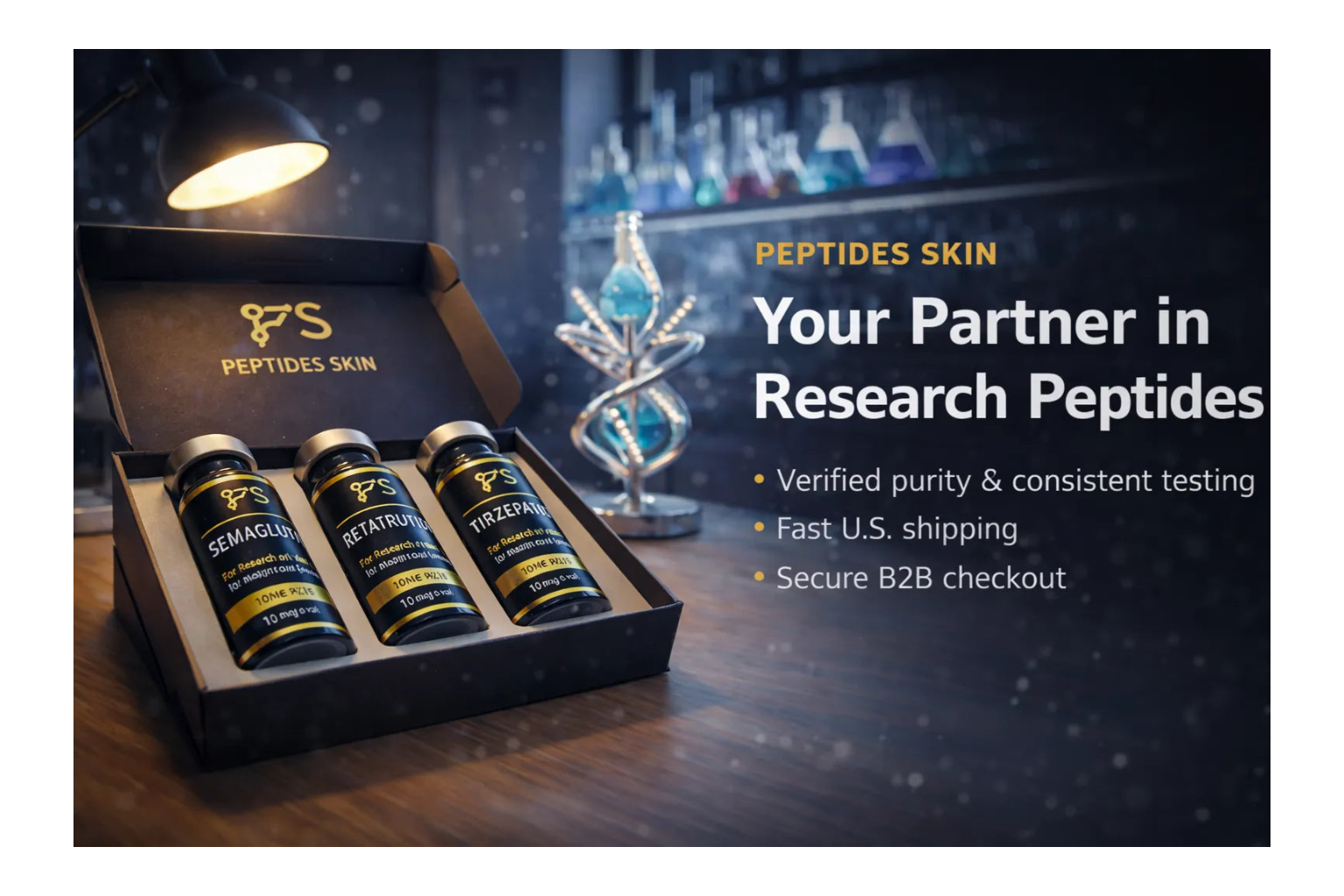Box of peptide supplements with Peptides Skin branding on a dark background