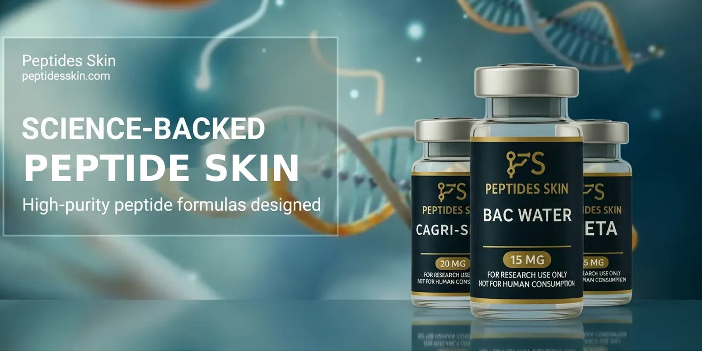 Bottles of Peptides Skin with scientific background