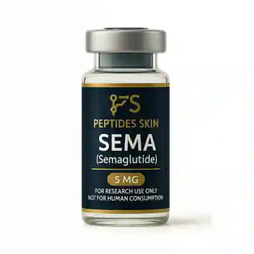 Close-up of Peptides Skin SEMA (Semaglutide) 5mg vial with black and gold label, glass bottle, and metal cap on white background