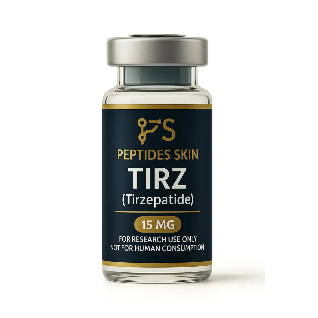 Tirzepatide 15 mg peptide vial labeled TIRZ Peptides Skin, for research use only
